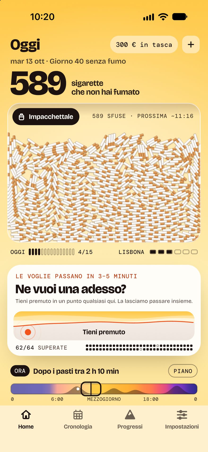 La schermata Home di Burnout al giorno 40: 589 sigarette che non hai fumato, ammucchiate in un vassoio, 300 € messi da parte, una scheda della voglia da tenere premuta con 62 voglie superate su 64 e una striscia con le ore a rischio di oggi, la prossima dopo i pasti.