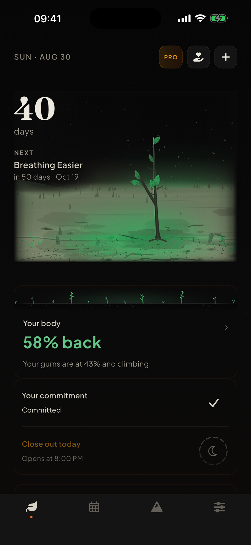 The Burnout home screen: 40 days smoke-free above a young plant on a green-lit plain, the next milestone Breathing Easier in 50 days on 19 October, a body card at 58 per cent back with gums at 43 per cent, a commitment card marked committed, and a close-out card that opens at 8pm.
