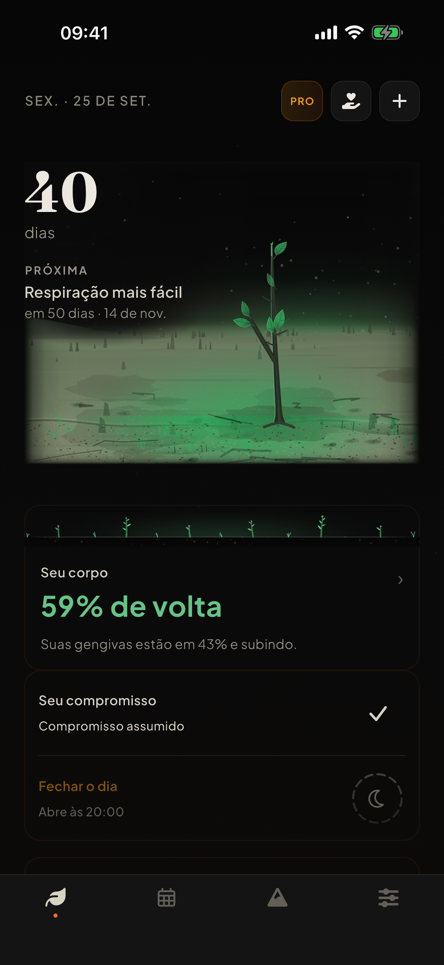 A tela inicial do Burnout: 40 dias sem fumar acima de uma planta jovem numa planície iluminada de verde, o próximo marco, Respiração mais fácil, em 50 dias, em 14 de novembro, um cartão do corpo com 59% de volta e as gengivas em 43%, um cartão de compromisso marcado como assumido e um cartão de fechar o dia que abre às 20h.