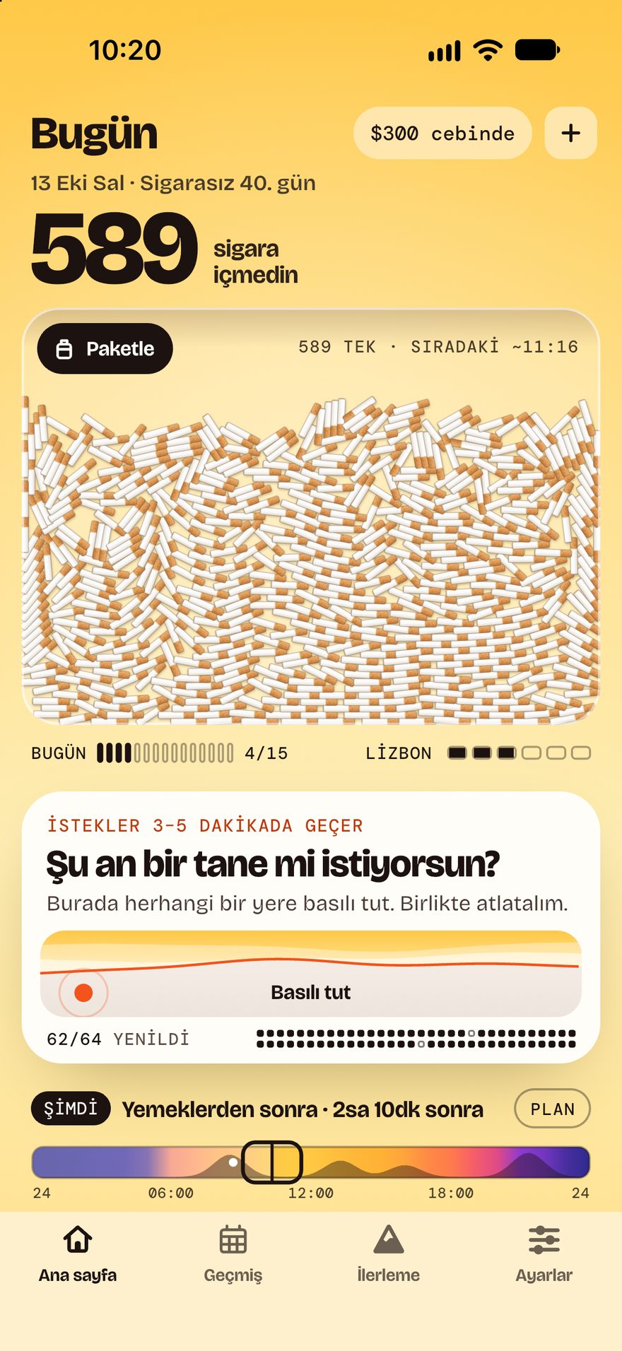 40. günde Burnout ana ekranı: içmediğin 589 sigara bir tablada yığılmış, $300 cebinde kalmış, basılı tutulan bir istek kartı ve 64 istekten 62'si atlatılmış, altta da bugünün riskli saatlerini gösteren bir şerit; sıradaki saat yemeklerden sonra.